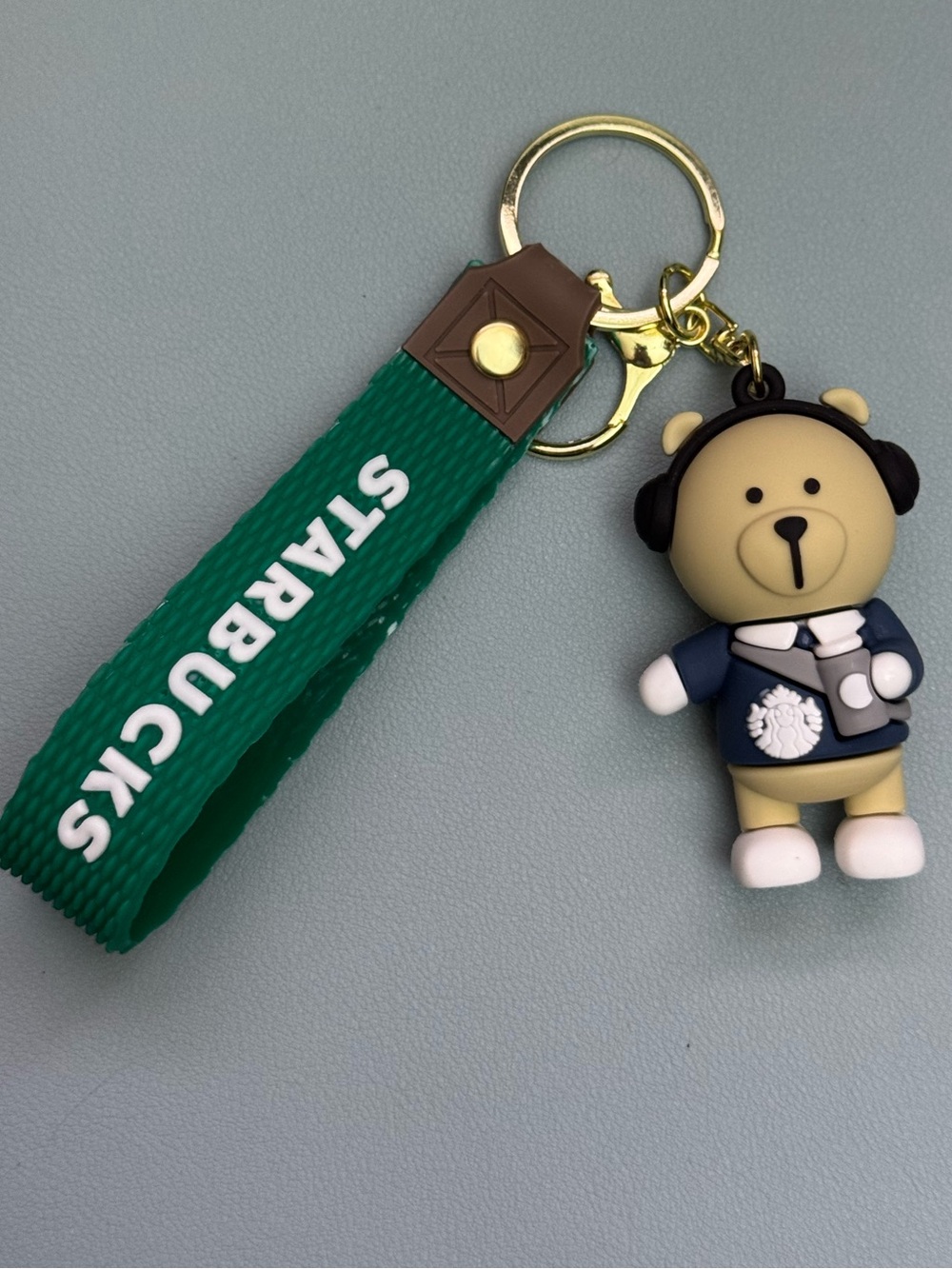 NWOT Blue Barista Bear Keychain with Green Logo Strap - Picture 2 of 11
